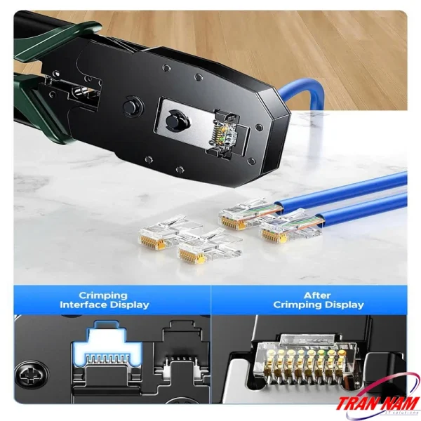 Kìm Bấm Cáp Mạng Đa Năng 3 Trong 1 Ugreen 15115 - Hỗ Trợ Cat5e/6-Cat7/8 12 Kìm bấm mạng Ugreen 15115 trước và sau khi ép đầu RJ45, 8 chân tiếp xúc đều