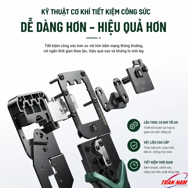 Kìm Bấm Cáp Mạng Đa Năng 3 Trong 1 Ugreen 15115 - Hỗ Trợ Cat5e/6-Cat7/8 5 Cấu tạo cơ khí bên trong kìm bấm mạng Ugreen 15115 dạng khớp nối đòn bẩy tháo rời