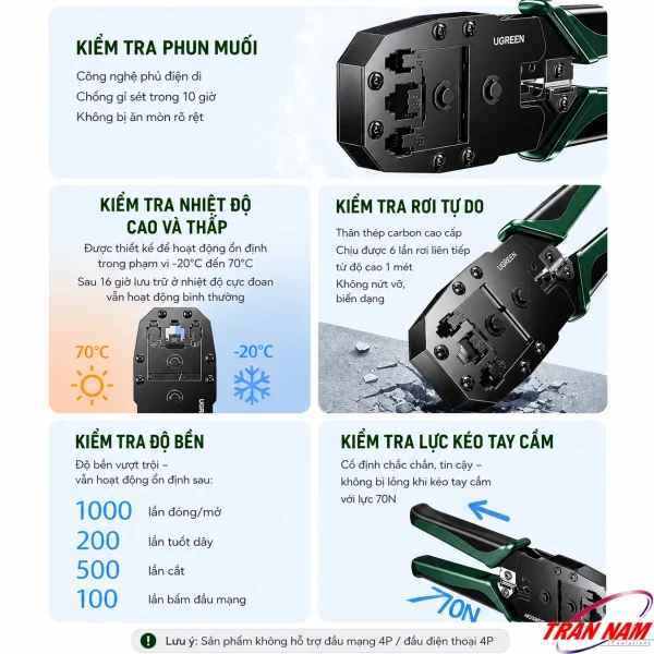 Kìm Bấm Cáp Mạng Đa Năng 3 Trong 1 Ugreen 15115 - Hỗ Trợ Cat5e/6-Cat7/8 6 Kết quả kiểm định độ bền kìm bấm mạng Ugreen 15115: phun muối, nhiệt độ, rơi tự do, lực kéo tay cầm