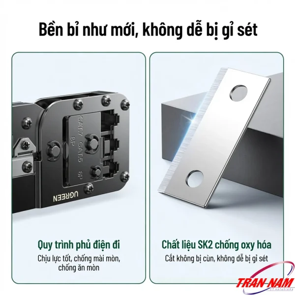 Kìm Bấm Cáp Mạng Đa Năng 3 Trong 1 Ugreen 15115 - Hỗ Trợ Cat5e/6-Cat7/8 8 Lưỡi thép chống oxy hóa kìm bấm mạng Ugreen 15115, khuôn ép phủ điện chống ăn mòn