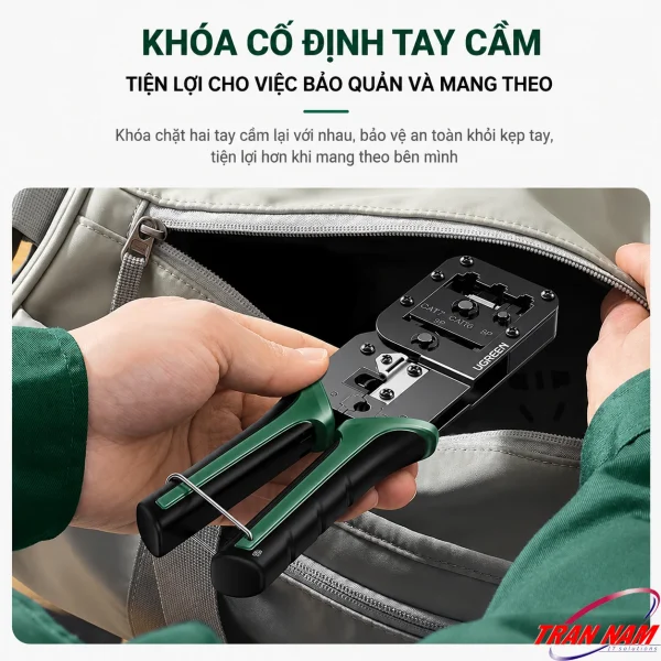 Kìm Bấm Cáp Mạng Đa Năng 3 Trong 1 Ugreen 15115 - Hỗ Trợ Cat5e/6-Cat7/8 9 Cơ chế khóa tay cầm kìm bấm mạng Ugreen 15115 cất gọn trong balo đồ nghề kỹ thuật viên