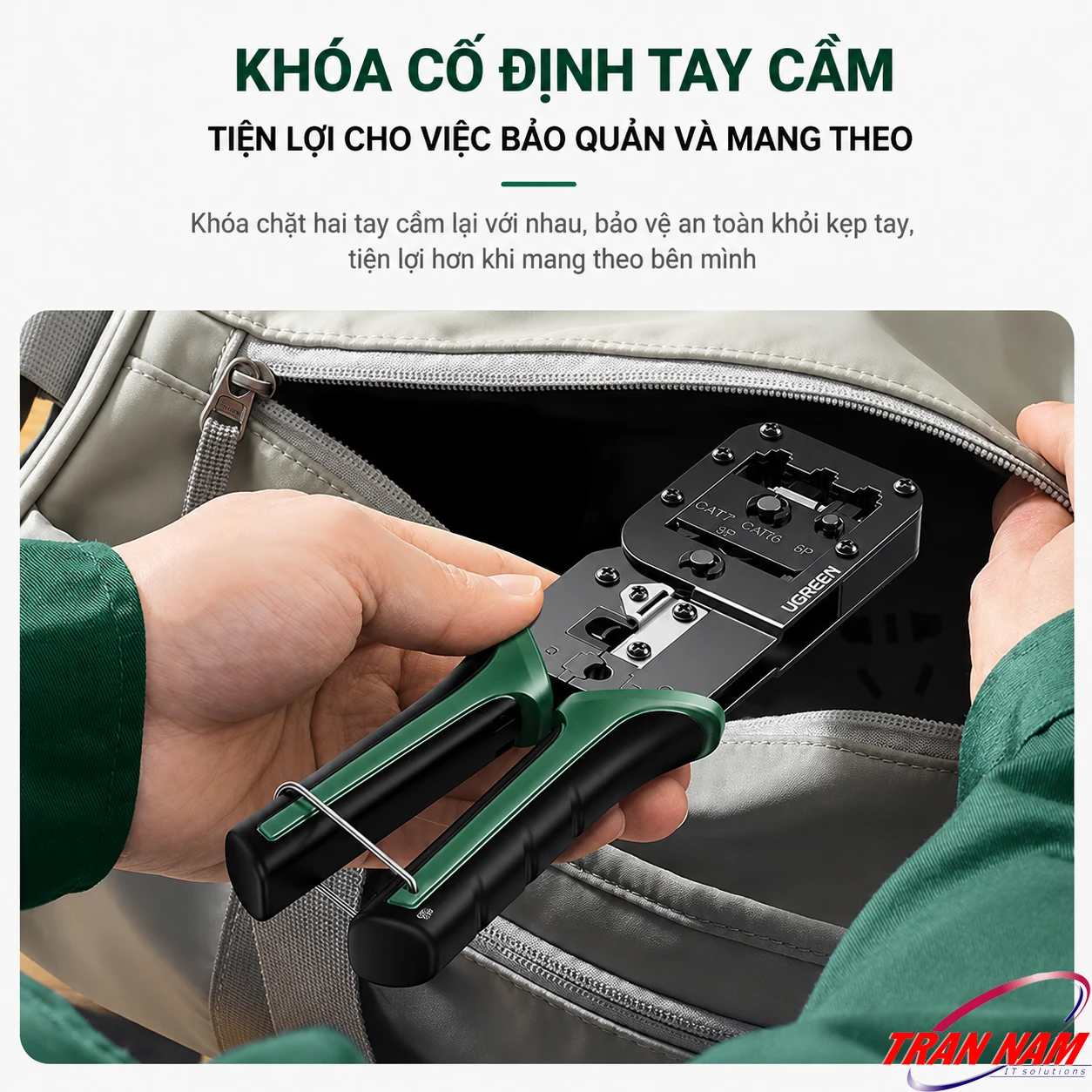Cơ Chế Khóa An Toàn Kìm Ugreen 15115 Cơ chế khóa tay cầm kìm bấm mạng Ugreen 15115 cất gọn trong balo đồ nghề kỹ thuật viên