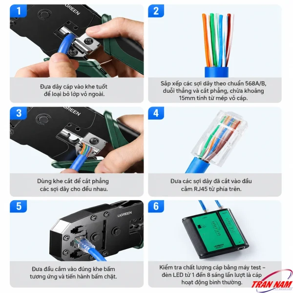 Kìm Bấm Cáp Mạng Đa Năng 3 Trong 1 Ugreen 15115 - Hỗ Trợ Cat5e/6-Cat7/8 11 Quy trình 6 bước thi công đầu RJ45 bằng kìm bấm mạng Ugreen 15115 tại trannampc.com