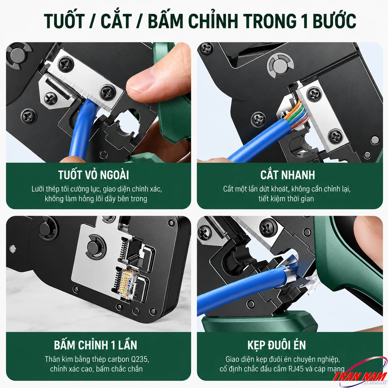 4 Chức Năng Tích Hợp Trong Đầu Ép Kìm Ugreen 15115 Kìm bấm mạng Ugreen 15115 với 4 chức năng tuốt cắt bấm và kẹp cố định đầu cáp