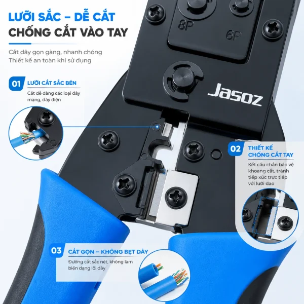 Kìm Bấm Mạng Đa Năng Jasoz T-E313 - RJ45/RJ11, Lưỡi Thép 420J2 2 Lưỡi cắt sắc bén kìm bấm mạng Jasoz T-E313 thiết kế chống cắt vào tay