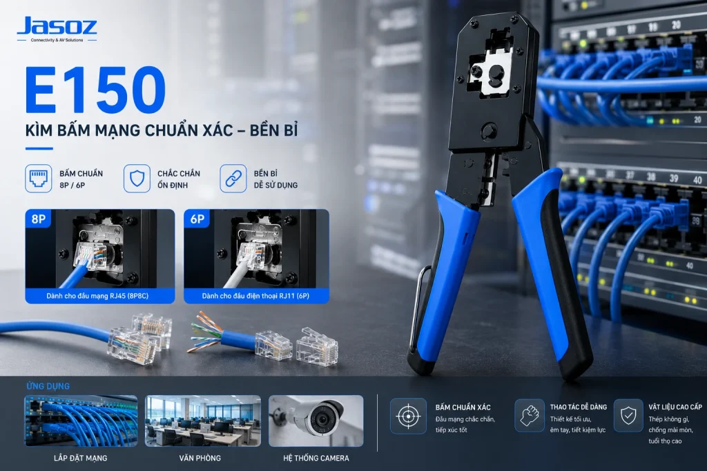 Kìm Bấm Mạng Đa Năng Jasoz T-E313 - RJ45/RJ11, Lưỡi Thép 420J2 5 Kìm bấm mạng Jasoz E150 T-E313 bấm chuẩn 8P RJ45 và 6P RJ11 ứng dụng lắp mạng văn phòng camera