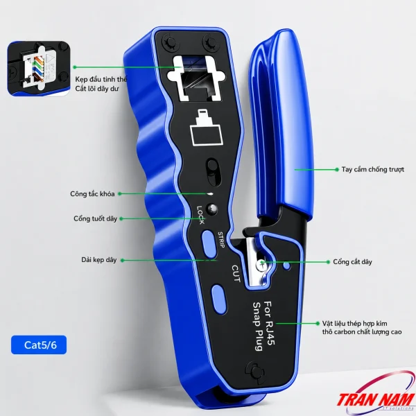 Kìm bấm mạng xuyên thấu DTECH DT-1048 cho RJ45 Cat5/6, có cổng cắt dây, tuốt dây, tay cầm chống trượt