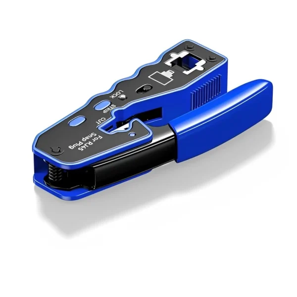Kìm bấm mạng xuyên thấu DTECH DT-1048 chụp nền trắng, khe bấm RJ45 và cổng Strip/Cut trên thân kìm