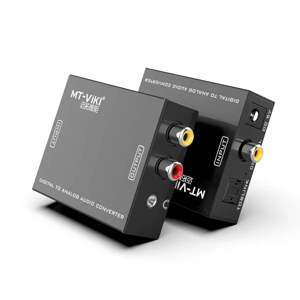 Bộ chuyển đổi âm thanh MT-VIKI MT-DA21 — mặt OUTPUT 2 jack RCA và 3.5mm, mặt INPUT Toslink Coaxial DC 5V, vỏ hợp kim nhôm đen