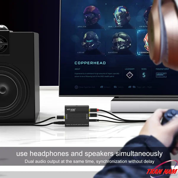 Bộ giải mã âm thanh MT-VIKI MT-DA21 dùng trong setup gaming, xuất tín hiệu đồng thời ra loa RCA và tai nghe qua jack 3.5mm
