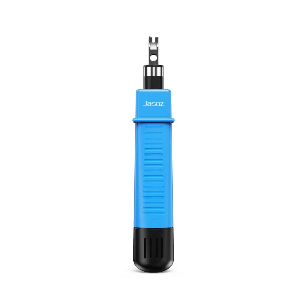 Tool nhấn mạng Jasoz T-E316 nhìn chính diện — lưỡi blade 110-type hợp kim gắn sẵn, tay cầm ABS xanh chống trượt, điều chỉnh lực Hi/Lo