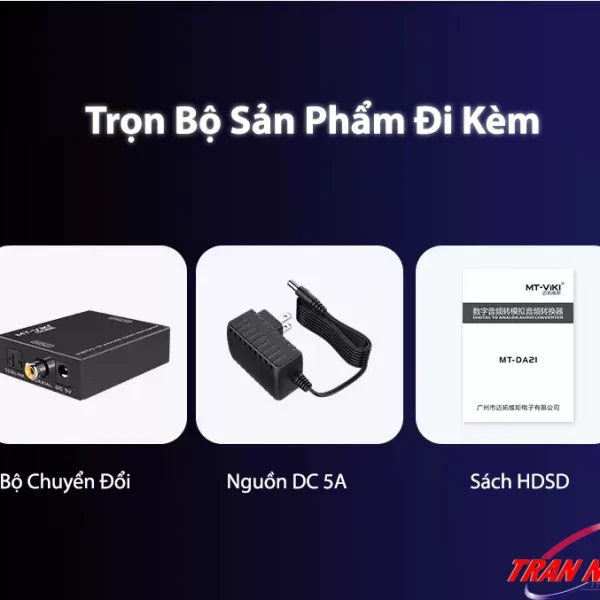 Trọn bộ sản phẩm đi kèm MT-VIKI MT-DA21 gồm bộ chuyển đổi âm thanh, adapter nguồn DC 5V, sách hướng dẫn sử dụng