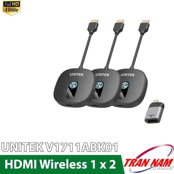 Bộ chia HDMI không dây UNITEK V1711ABK01 Full HD 1080P chính hãng — 1 Transmitter, 2 Receiver kèm đầu chuyển USB-C sang HDMI