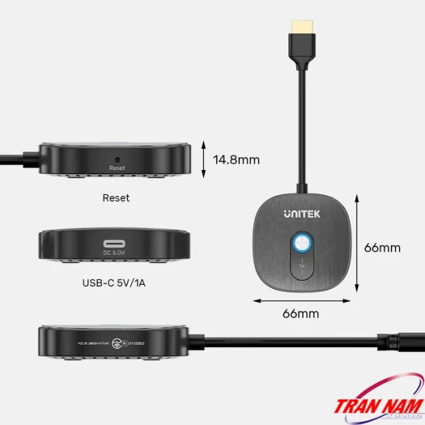 Sơ đồ kích thước UNITEK V1711ABK01 66x66x14.8mm hiện nút Reset, cổng sạc USB-C 5V/1A và tem chứng nhận FCC
