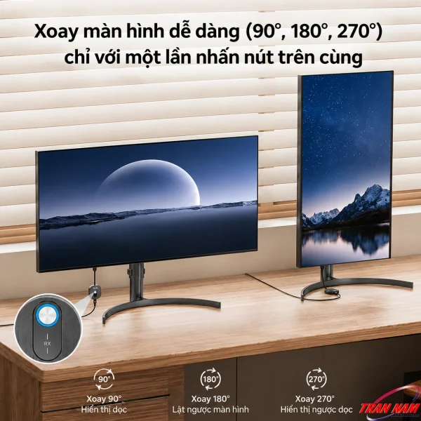 Hai màn hình xoay ngang và dọc minh họa tính năng xoay 90°, 180°, 270° của Receiver UNITEK V1711ABK01 qua nút bấm trên cùng