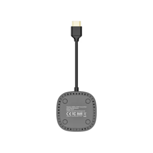 Mặt sau Transmitter UNITEK V1711 hiện tem nhãn model, tên công ty Unitek International Group Ltd. và chứng nhận CE FCC RoHS