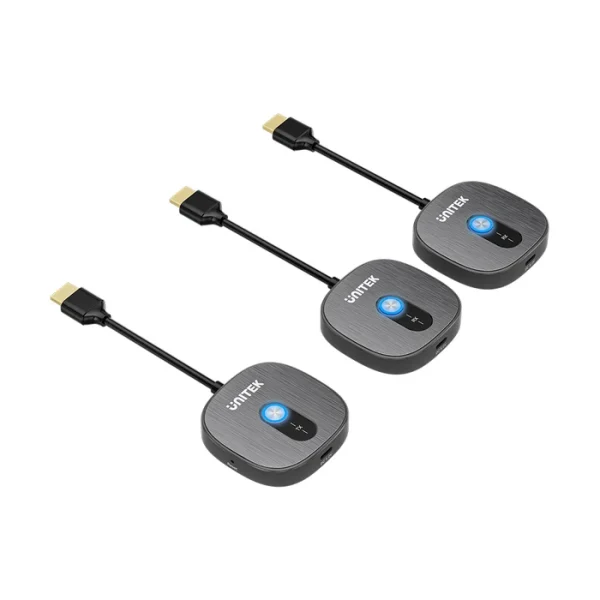 Bộ đầy đủ UNITEK V1711ABK01 gồm 1 Transmitter và 2 Receiver kèm cáp HDMI liền thân, chụp trên nền trắng
