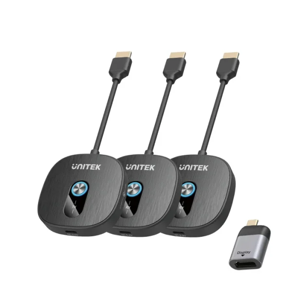 Trọn bộ UNITEK V1711ABK01 nhìn thẳng hiện rõ nhãn TX, RX trên từng thiết bị và đầu chuyển USB-C sang HDMI kèm theo