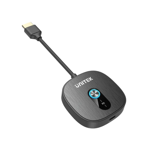 Receiver UNITEK V1711ABK01 cận cảnh hiện rõ nhãn RX, cáp HDMI liền thân và cổng sạc USB-C cạnh bên