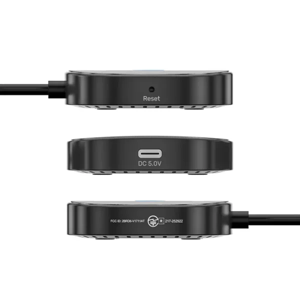 Ba mặt bên thiết bị UNITEK V1711ABK01 hiện nút Reset, cổng sạc USB-C DC 5.0V và tem chứng nhận FCC ID 2BRD6-V1711AT