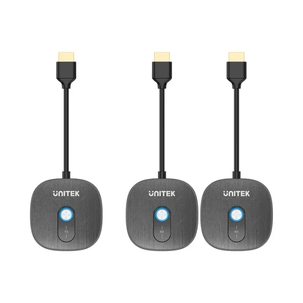 Một Transmitter và hai Receiver UNITEK V1711ABK01 xếp hàng ngang, hình dáng giống hệt nhau chỉ khác nhãn TX và RX