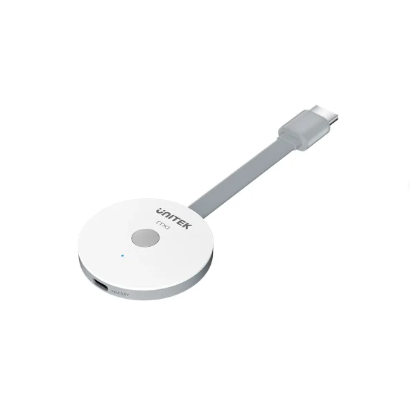 Bộ phát HDMI không dây Unitek V1183B01 nhìn nghiêng, hiển thị rõ cổng nguồn USB-C Input 5.0V và nút TX