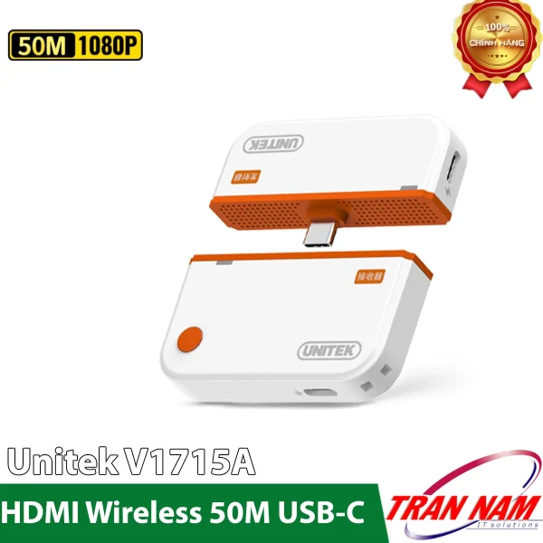 Bộ trình chiếu không dây USB-C sang HDMI Unitek V1715A gồm đầu phát và đầu nhận, phạm vi truyền 50M, hỗ trợ FullHD 1080P, chính hãng