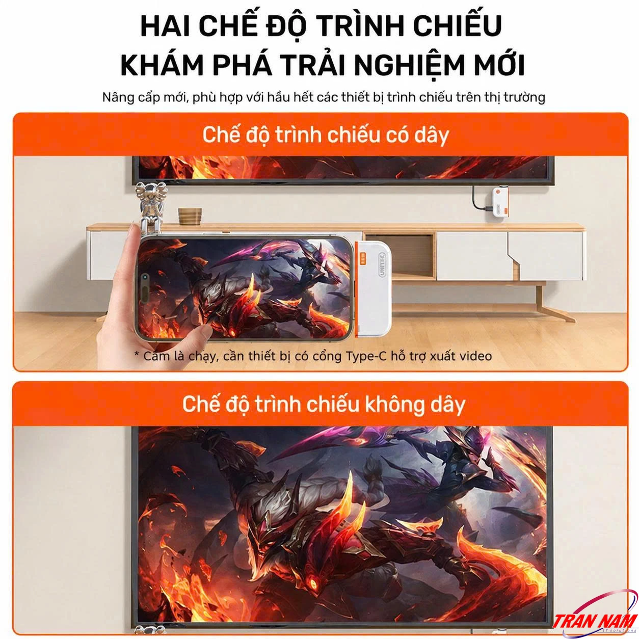 Unitek V1715A — 2 Chế Độ Kết Nối: Cắm Trực Tiếp Hoặc Qua Cáp Type-C Unitek V1715A hỗ trợ cắm trực tiếp đầu phát vào điện thoại hoặc nối qua cáp Type-C, trình chiếu game lên TV không dây