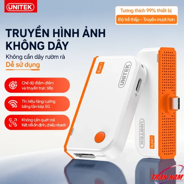 Bộ Trình Chiếu HDMI Không Dây Unitek V1715A Hỗ Trợ Full HD Đầu Vào USB-C 2 Bộ phát và bộ thu Unitek V1715A truyền hình ảnh không dây, băng tần kép 5G, độ trễ thấp, không cần quét mã