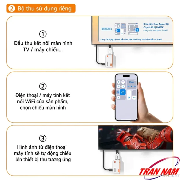 Bộ Trình Chiếu HDMI Không Dây Unitek V1715A Hỗ Trợ Full HD Đầu Vào USB-C 8 Hướng dẫn 3 bước dùng riêng bộ thu Unitek V1715A: cắm màn hình TV, kết nối WiFi qua AirPlay, chiếu màn hình điện thoại