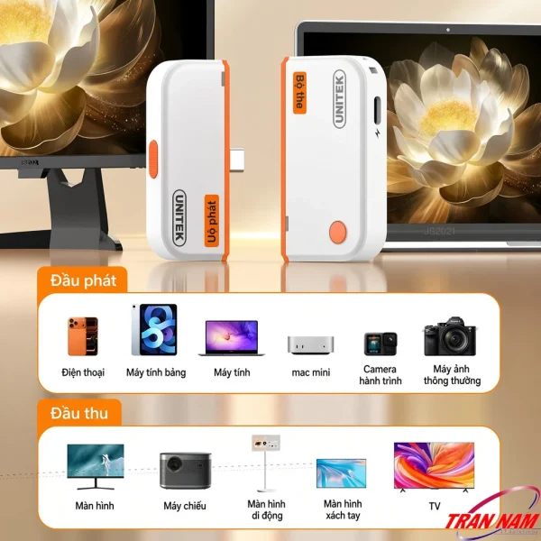 Bộ Trình Chiếu HDMI Không Dây Unitek V1715A Hỗ Trợ Full HD Đầu Vào USB-C 16 Đầu phát Unitek V1715A tương thích điện thoại, máy tính bảng, laptop, Mac mini, camera; đầu thu tương thích màn hình, máy chiếu, TV