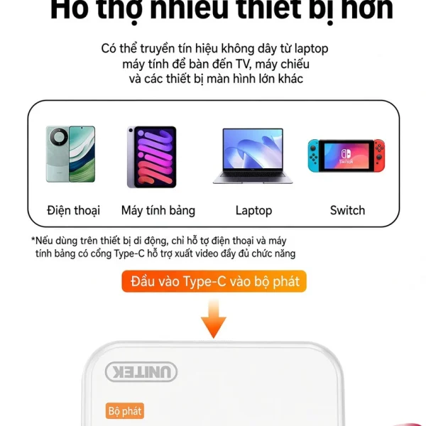 Bộ Trình Chiếu HDMI Không Dây Unitek V1715A Hỗ Trợ Full HD Đầu Vào USB-C 5 Đầu vào Type-C bộ phát Unitek V1715A tương thích điện thoại, máy tính bảng, laptop, Nintendo Switch có cổng Type-C xuất video