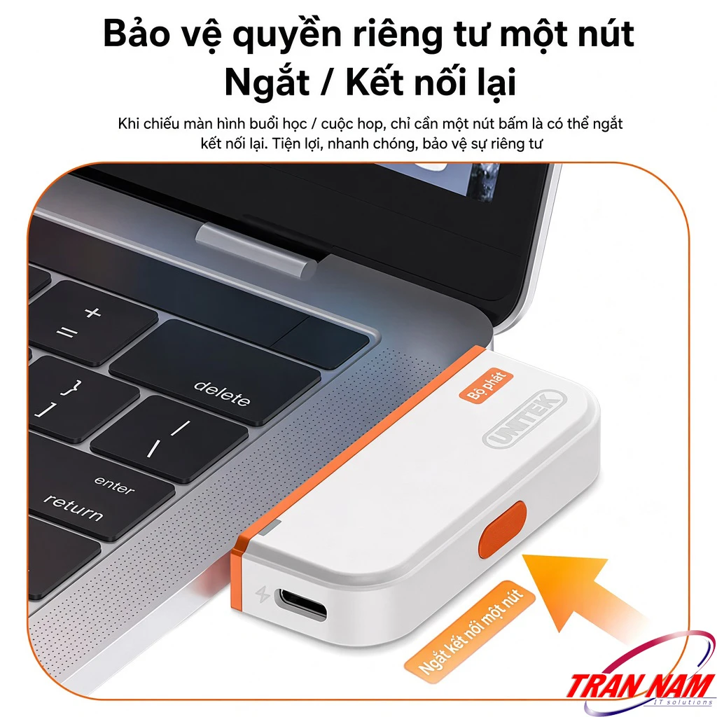 Unitek V1715A — Nút Ngắt Kết Nối Nhanh Bảo Vệ Quyền Riêng Tư Nút bấm ngắt/kết nối lại trên đầu phát Unitek V1715A cắm laptop, bảo vệ quyền riêng tư khi họp học