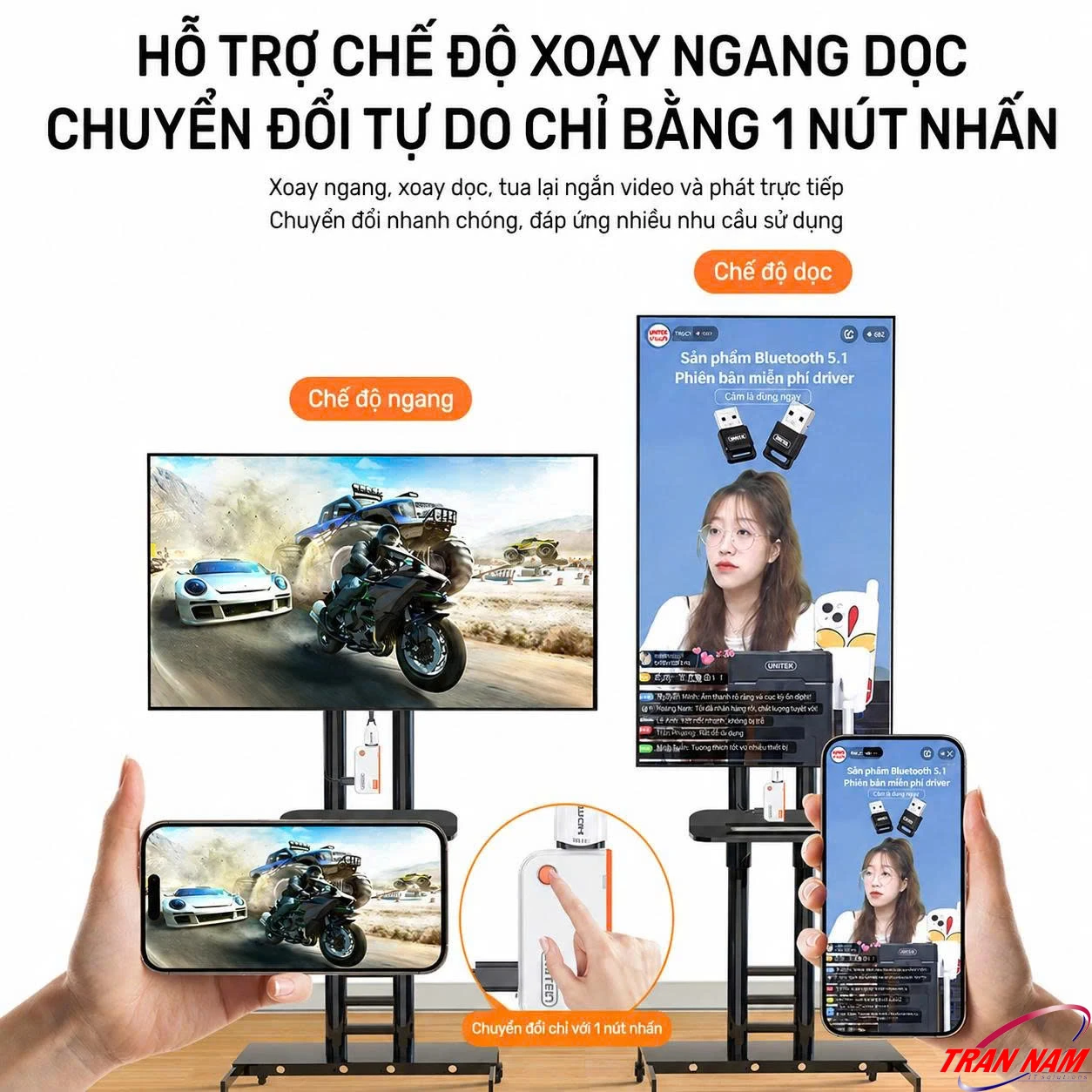 Unitek V1715A Xoay Màn Hình Ngang/Dọc Chỉ Bằng 1 Nút Nhấn Unitek V1715A chuyển đổi màn hình Ngang sang Dọc bằng 1 nút bấm trên đầu phát, dùng cho gaming và livestream