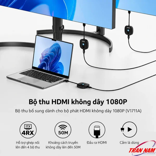 Sơ đồ minh họa bộ thu HDMI không dây UNITEK V1711FBK01 mở rộng hệ thống 1 phát 4 nhận, khoảng cách 50M, đầu ra HDMI