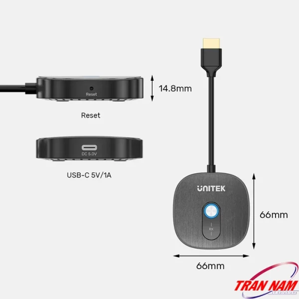Sơ đồ kích thước bộ nhận UNITEK V1711FBK01 66x66x14.8mm hiện nút Reset và cổng sạc USB-C DC 5.0V