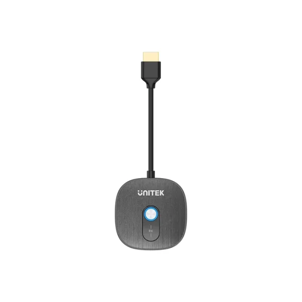 Bộ nhận UNITEK V1711FBK01 cận cảnh trên nền trắng, hiện rõ nhãn RX và cáp HDMI liền thân