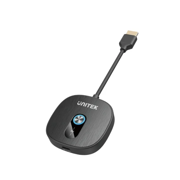 Bộ nhận UNITEK V1711FBK01 chụp góc nghiêng 3/4 hiện nhãn RX, logo UNITEK và cổng sạc USB-C DC 5.0V