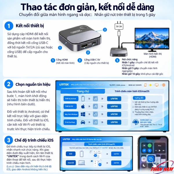 Hướng dẫn kết nối UNITEK V162B với TV qua HDMI, cấp nguồn USB-C và trình chiếu từ iOS Android