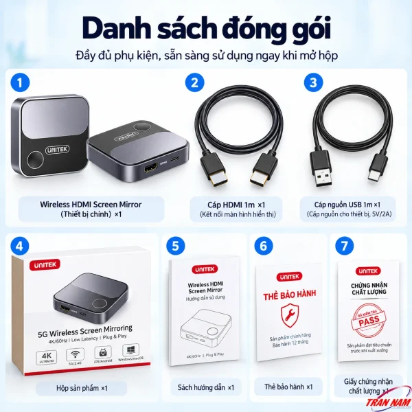 Bộ phụ kiện UNITEK V162B gồm thiết bị nhận HDMI không dây, cáp HDMI, cáp nguồn USB-C, sách hướng dẫn và thẻ bảo hành