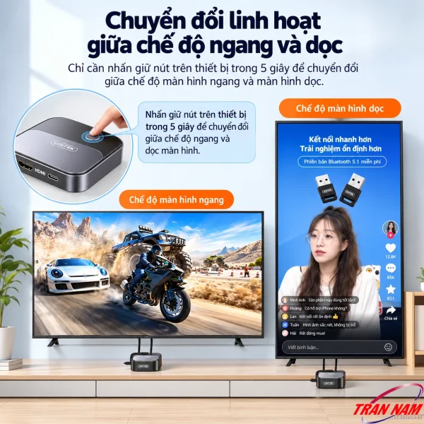 UNITEK V162B chuyển đổi hiển thị ngang dọc bằng nút vật lý, phù hợp TV ngang và màn hình dọc