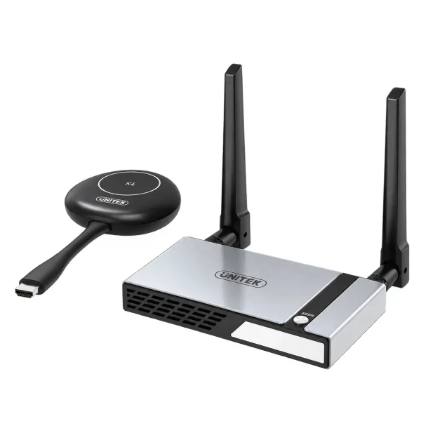 Bộ thu phát HDMI không dây Unitek V182A: bộ phát TX màu đen đầu HDMI và bộ nhận RX vỏ nhôm 2 ăng-ten