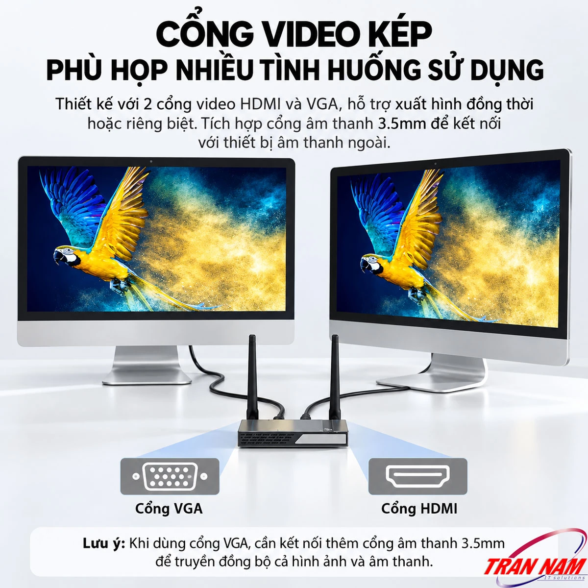 Cổng HDMI và VGA của Unitek V182A Bộ nhận Unitek V182A nối hai màn hình cùng hiện một hình, qua cổng HDMI và cổng VGA