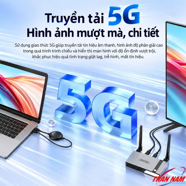 Bộ Thu Phát HDMI VGA Không Dây Unitek V182A — 4K@30Hz, 8 Phát 1 Nhận, 50m 4 Laptop gắn bộ phát TX Unitek V182A truyền hình qua Wi-Fi 5GHz tới bộ nhận 2 ăng-ten nối với TV