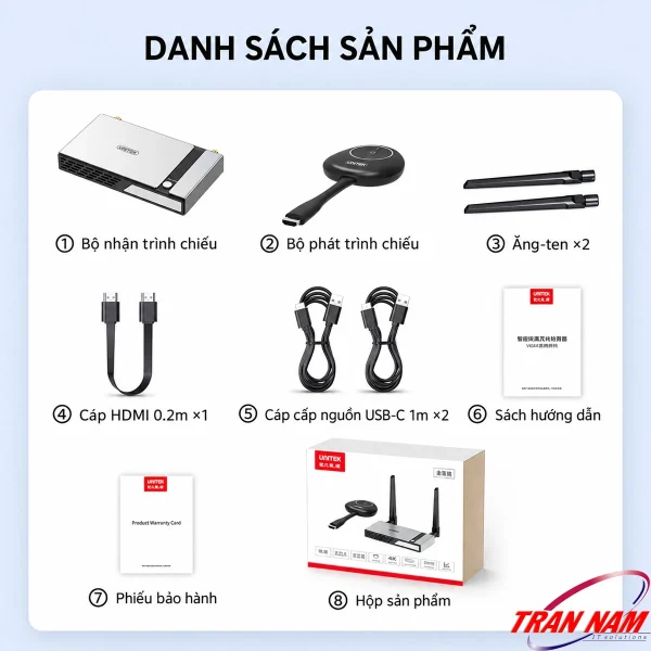 Bộ Thu Phát HDMI VGA Không Dây Unitek V182A — 4K@30Hz, 8 Phát 1 Nhận, 50m 13 Danh sách phụ kiện trong hộp Unitek V182A: bộ nhận, bộ phát, 2 ăng-ten, cáp HDMI 0,2m, 2 cáp USB-C 1m