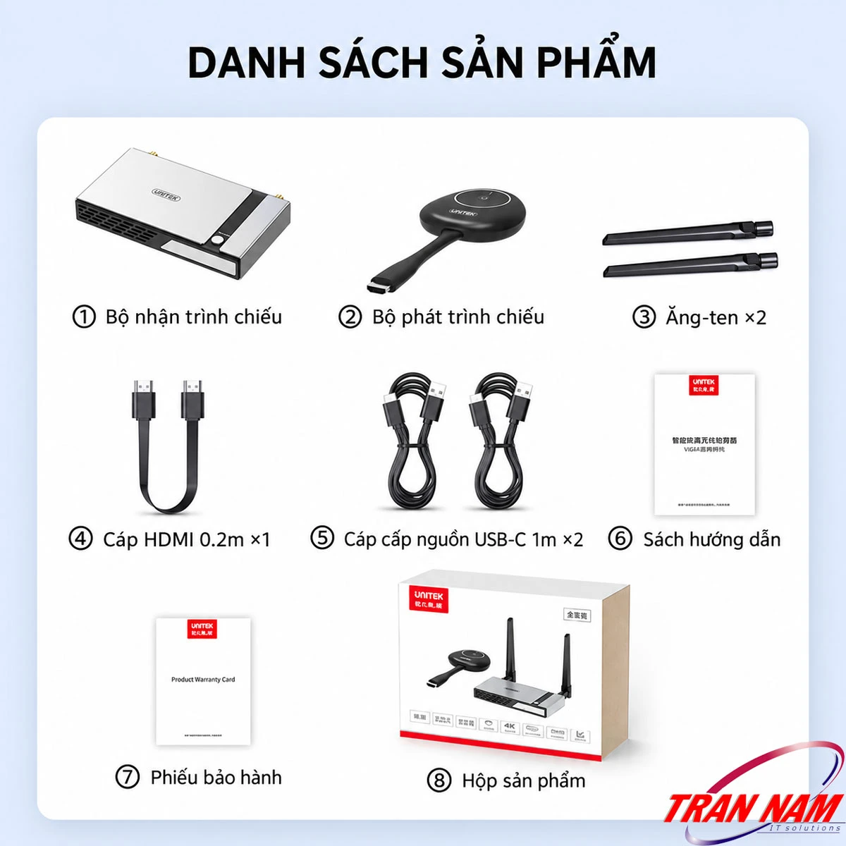 Phụ kiện trong hộp Unitek V182A Danh sách phụ kiện trong hộp Unitek V182A: bộ nhận, bộ phát, 2 ăng-ten, cáp HDMI 0,2m, 2 cáp USB-C 1m
