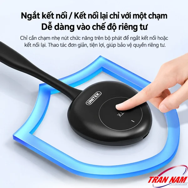 Bộ Thu Phát HDMI VGA Không Dây Unitek V182A — 4K@30Hz, 8 Phát 1 Nhận, 50m 3 Ngón tay chạm vào nút chức năng trên bộ phát TX Unitek V182A để ngắt kết nối hoặc kết nối lại