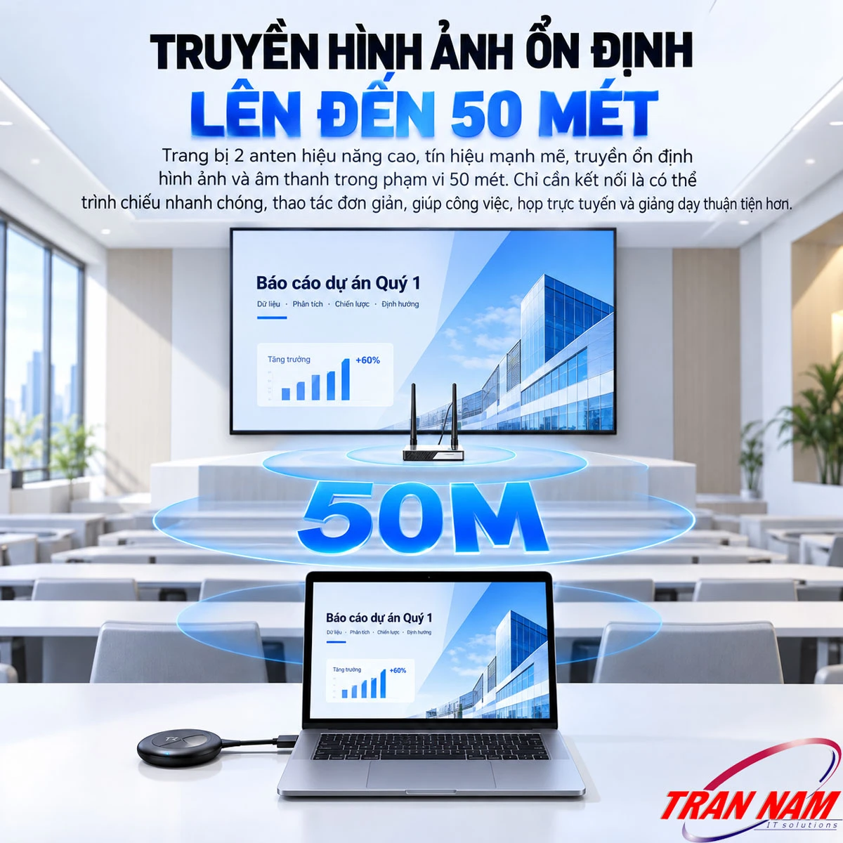 Khoảng cách 50m của Unitek V182A Laptop gắn bộ phát TX Unitek V182A truyền hình tới bộ nhận 2 ăng-ten đặt dưới TV trong phòng học, khoảng cách 50m