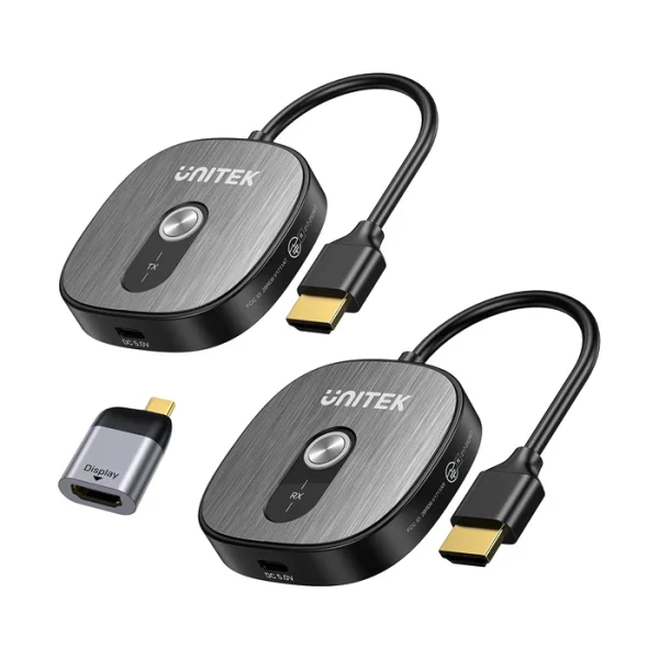 Bộ truyền HDMI không dây Unitek V1717CBK01 gồm bộ phát TX, bộ nhận RX và adapter USB-C sang HDMI
