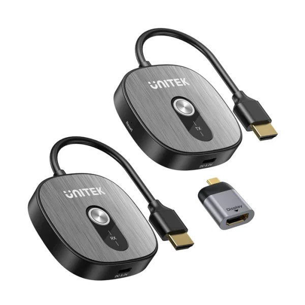 Bộ Truyền HDMI Không Dây 4K Unitek V1717CBK01 Khoảng cách 50M ( Hỗ Trợ 8 Thiết bị Phát , 1 Thiết bị Nhận, Tặng Kèm Đầu Chuyển USB-C Sang HDMI ) 1 Bộ truyền HDMI không dây Unitek V1717CBK01 gồm bộ phát TX, bộ nhận RX và adapter USB-C sang HDMI